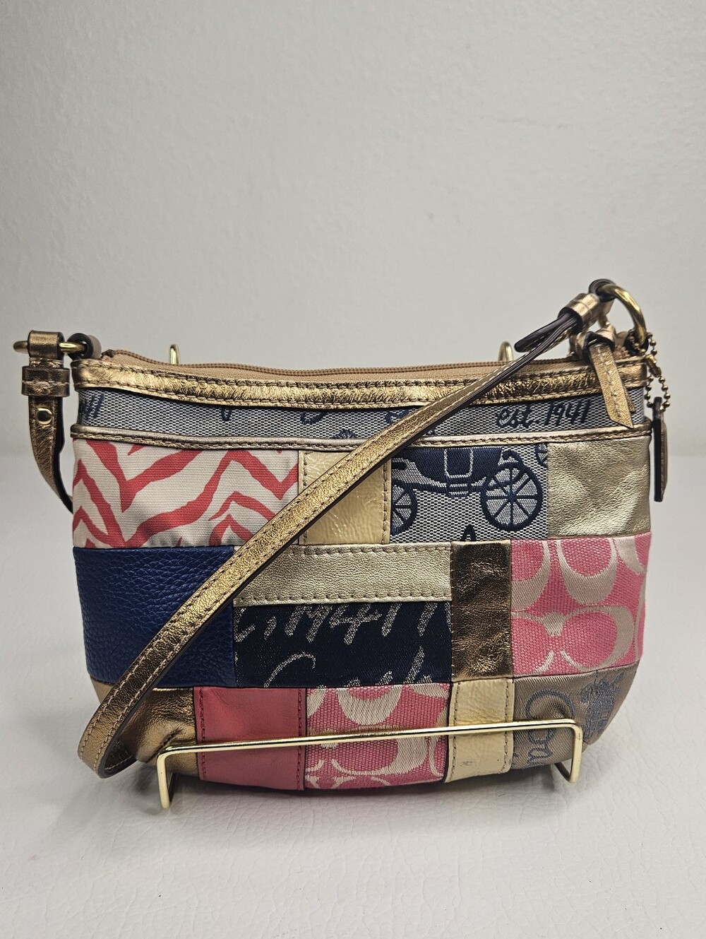Coach Legacy Patchwork Swingpack Crossbody Purse Pink Blue Metallic Signature